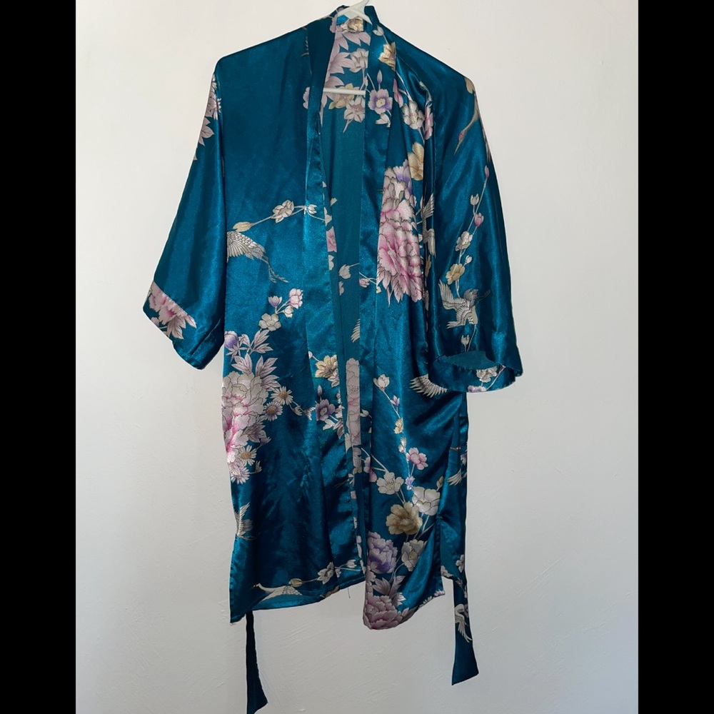 teal floral kimono robe